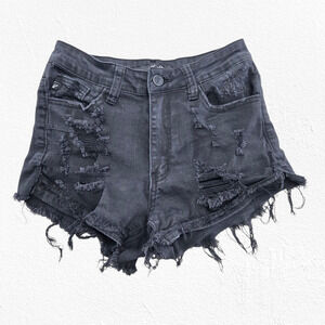 KanCan Black Distressed Mid Rise Cutoff Denim Shorts Size XS Raw Hem Grunge